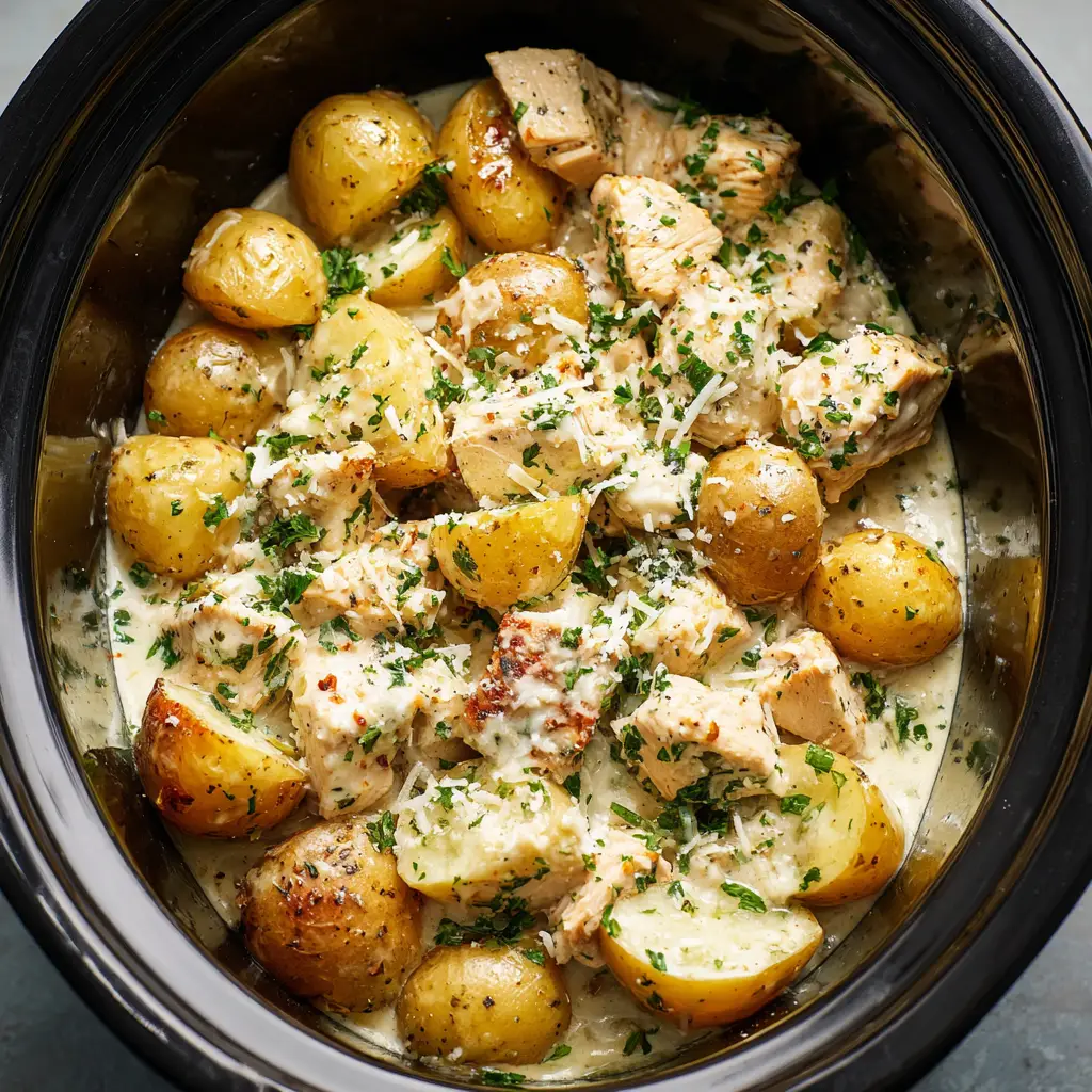 Overhead view of slow cooker chicken and potatoes topped with fresh parsley and parmesan flakes.