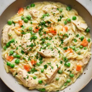 Close-up overhead shot of velvety Chicken Pot Pie Orzo with bright green peas and orange carrots. (Chicken Pot Pie Orzo)