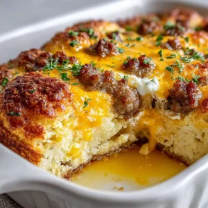 Close up of a fluffy golden-brown Sausage Butter Swim Biscuit resting in a pool of butter with melted sharp yellow cheddar and browned sausage.