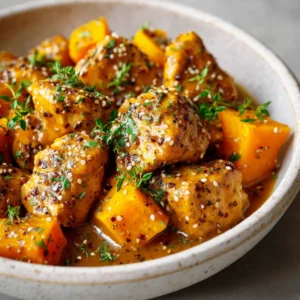 A close-up shot of slow-cooked chicken breast chunks and tender cubed butternut squash coated in a glossy, sticky golden-brown maple Dijon sauce. (Crockpot Maple Dijon Chicken)