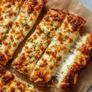 A close-up shot of Cheesy Breadsticks showing the blistered cheese bubbles and green herb garnish.