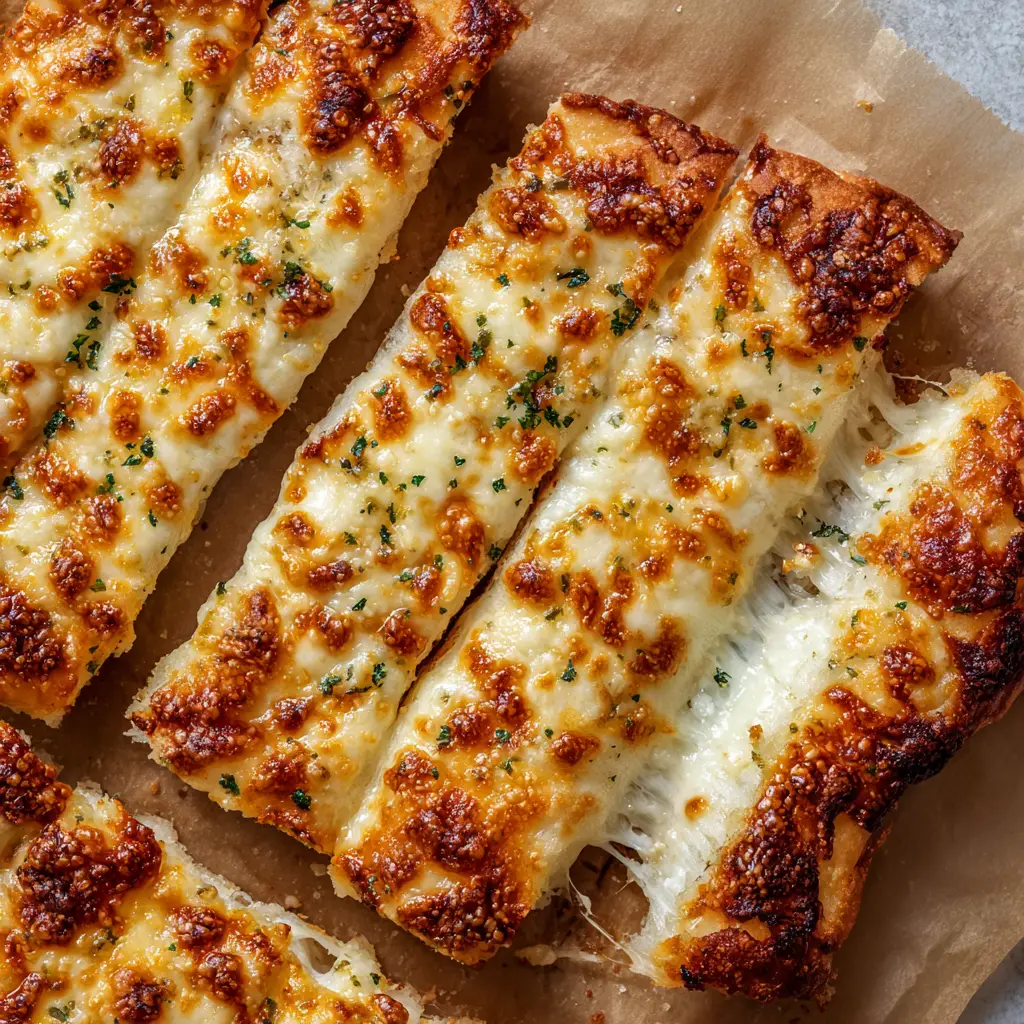 A close-up shot of Cheesy Breadsticks showing the blistered cheese bubbles and green herb garnish.
