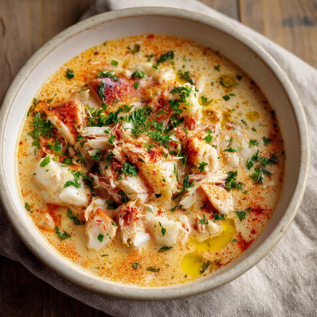 Crab Stew Recipe: A Creamy Coastal Masterpiece with Rich Claw Meat 2 Top-down view of a creamy crab stew in a white bowl showing white and pink crab chunks. (Crab Stew Recipe)