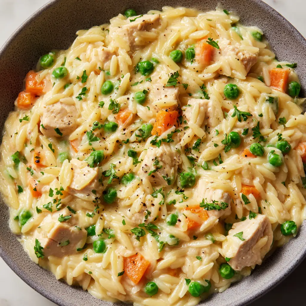 Detailed shot of Chicken Pot Pie Orzo garnished with fresh parsley and cracked black pepper in a ceramic bowl.