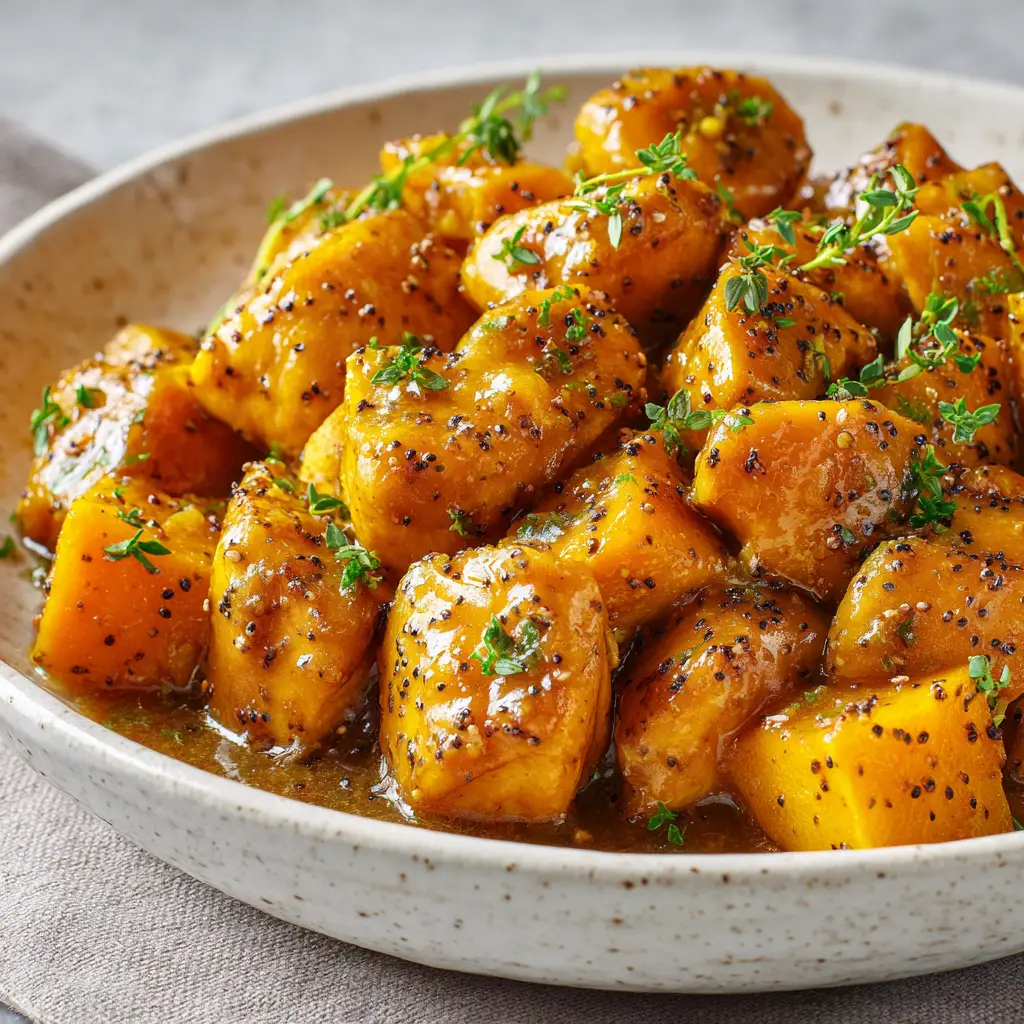 Pull-apart tender Crockpot Maple Dijon Chicken chunks speckled with whole grain mustard seeds and fresh thyme garnish.