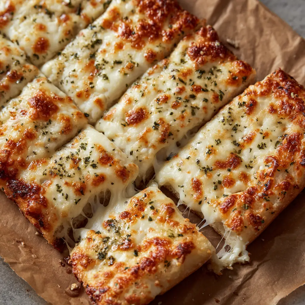 Rectangular strips of Cheesy Breadsticks resting on rustic brown parchment paper.