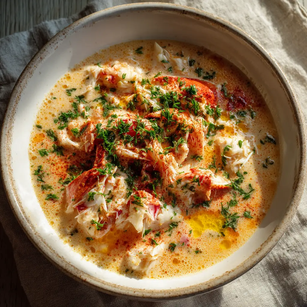 Crab Stew Recipe: A Creamy Coastal Masterpiece with Rich Claw Meat 1 Slightly angled close-up of crab stew with a melted yellow butter pool and red paprika dusting.