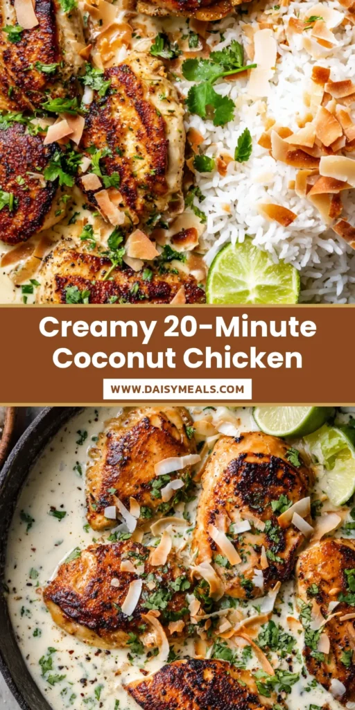 Coconut Chicken Recipe: Creamy Pan-Seared Cutlets in Silky Sauce 4 Overhead view of a Coconut Chicken Recipe featuring pan-seared chicken cutlets in a creamy white sauce with cilantro and lime in a cast iron skillet.