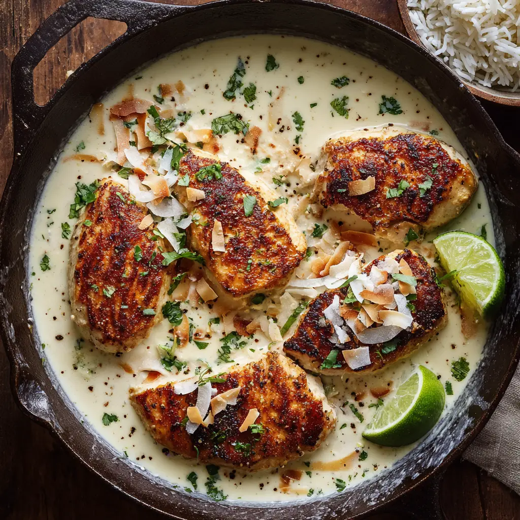 Coconut Chicken Recipe: Creamy Pan-Seared Cutlets in Silky Sauce 2 A close-up of golden caramelized chicken breast cutlets resting in a glossy coconut milk sauce with black pepper flecks. (Coconut Chicken Recipe)