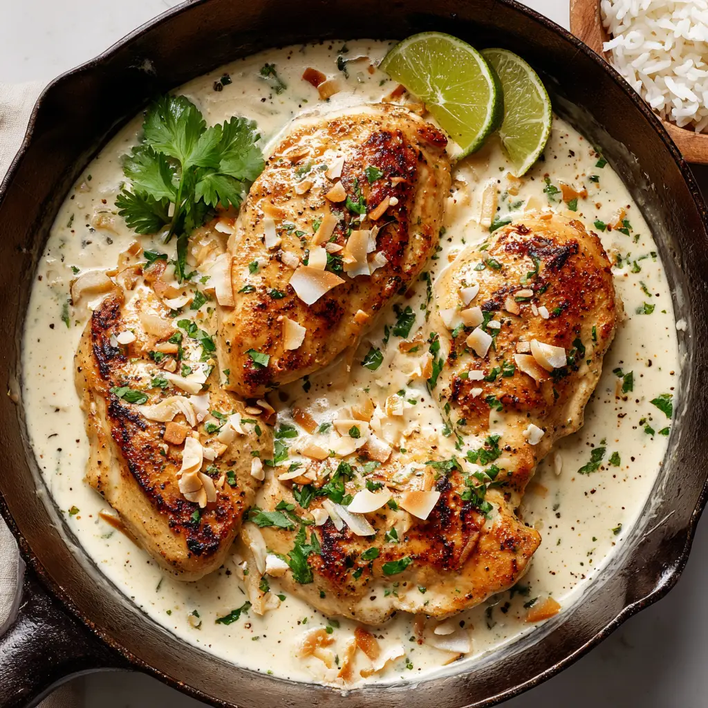 Coconut Chicken Recipe: Creamy Pan-Seared Cutlets in Silky Sauce 1 A rustic dark skillet with coconut chicken garnished with fresh green cilantro and lime wedges next to a bowl of rice. (Coconut Chicken Recipe)