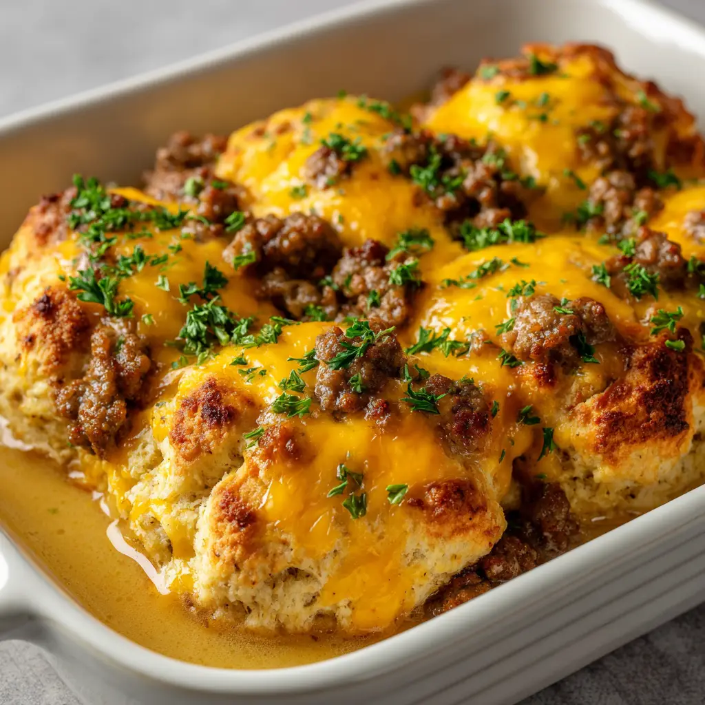 Overhead view of a ceramic baking dish filled with Sausage Butter Swim Biscuits, featuring melted cheese and crispy breakfast sausage crumbles.
