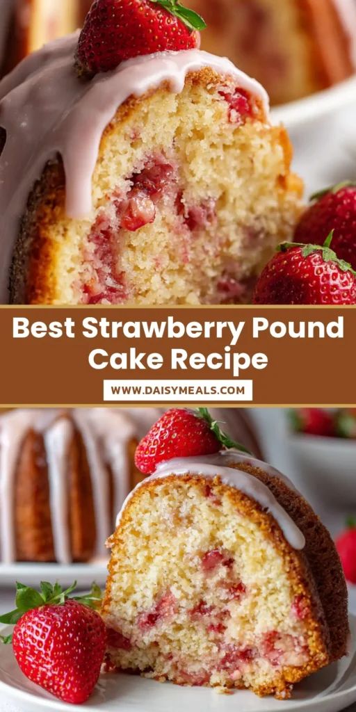 A thick slice of Strawberry Pound Cake on a white plate showing baked red strawberry chunks in a golden crumb, topped with thick pink icing and fresh berry halves.