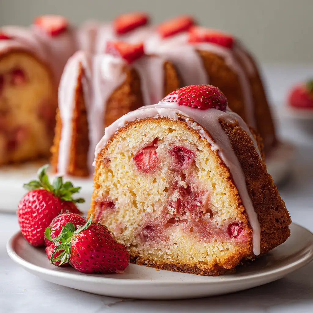 Close up shot of a slice of Strawberry Pound Cake featuring a moist golden crumb and generous pink icing drips on a fluted bundt cake.