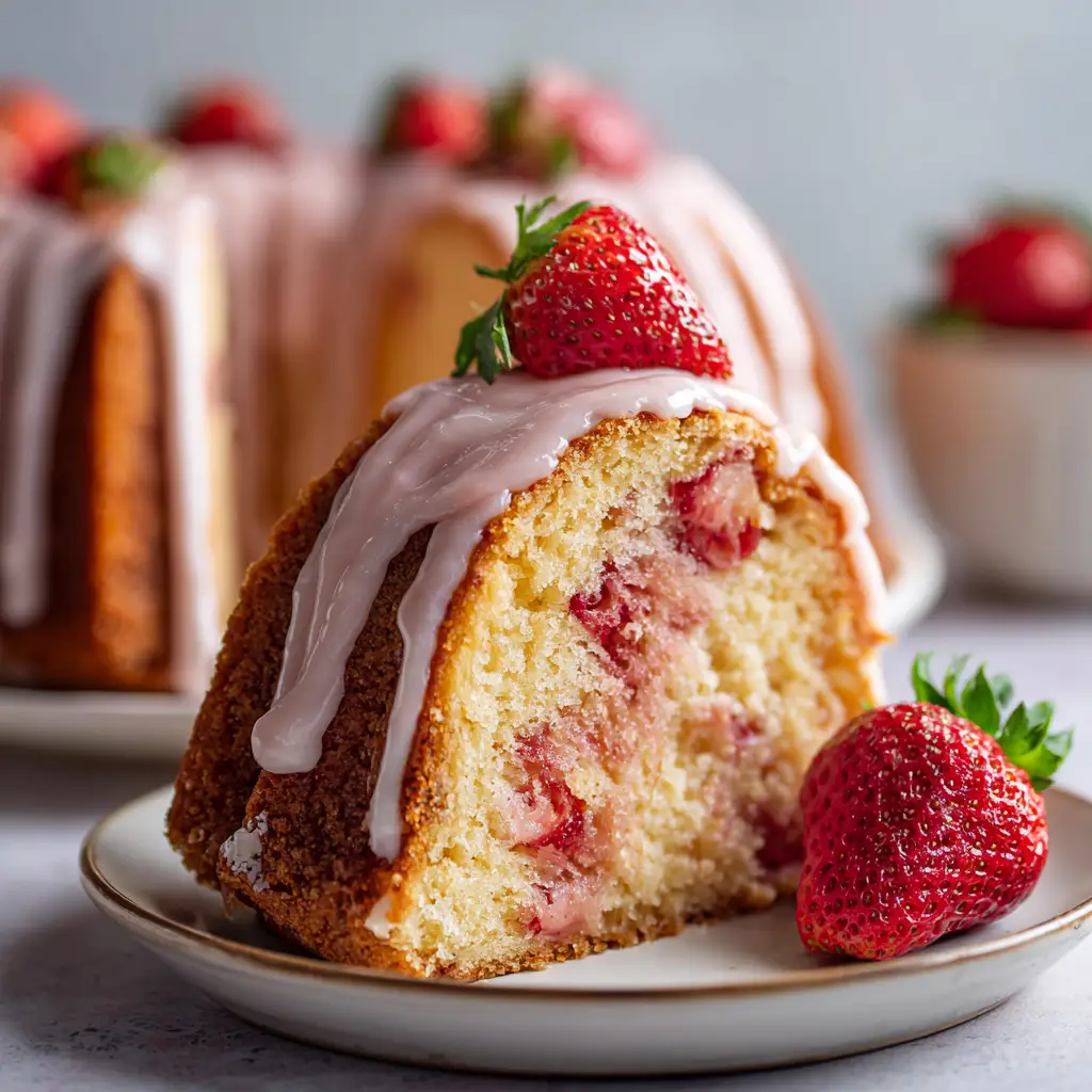 A fluted Strawberry Pound Cake drizzled with thick pink icing and garnished with fresh strawberry halves with green stems.