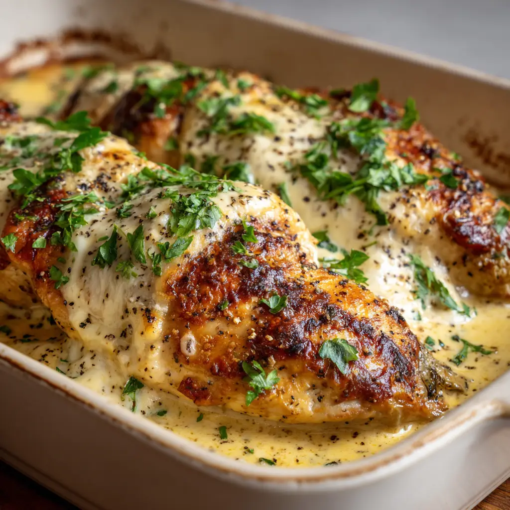 Top view of creamy Caesar Chicken showing the opaque pale-yellow sauce and charred mozzarella spots.