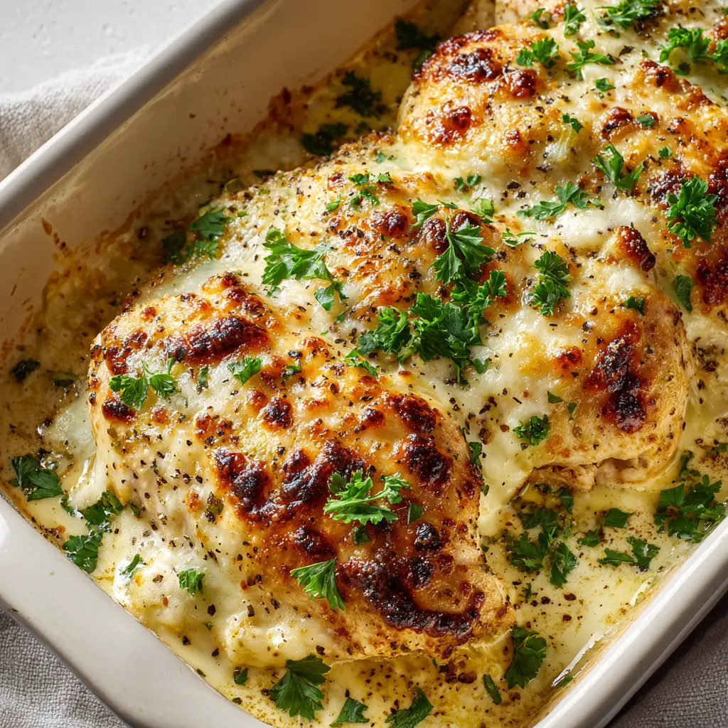 Caesar Chicken: The Ultimate Creamy Baked Chicken Breast Recipe 1 Rustic white ceramic dish filled with thick baked chicken breasts covered in Caesar dressing and melted parmesan.