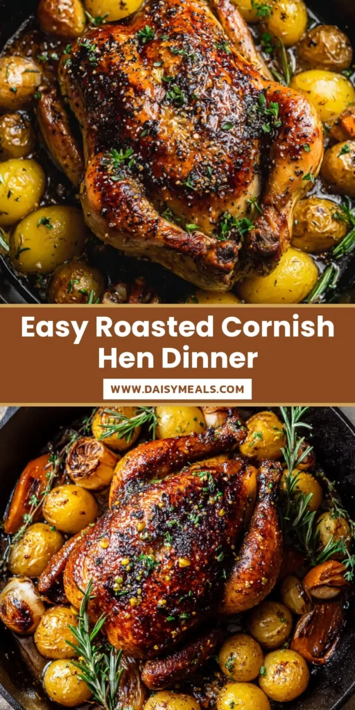 A perfectly roasted golden-brown Cornish hen in a cast iron skillet with baby potatoes and carrots. (Roasted Cornish Hen)