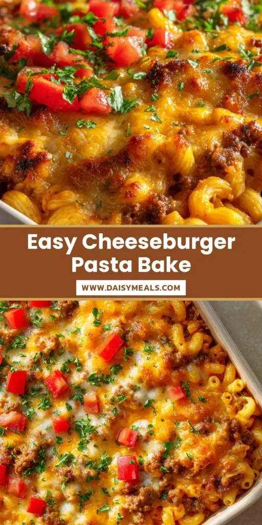 Cheeseburger Pasta Casserole: The Ultimate Cheesy Ground Beef Bake 3 A bubbling Cheeseburger Pasta Casserole in a ceramic dish with melted mozzarella and fresh tomato garnish.