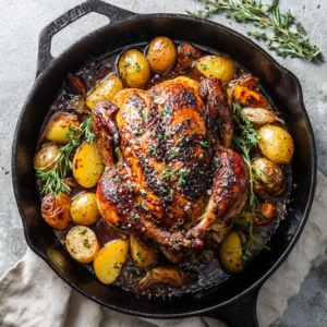 Close up of blistered crispy skin on a Roasted Cornish Hen with sea salt flakes and black pepper.