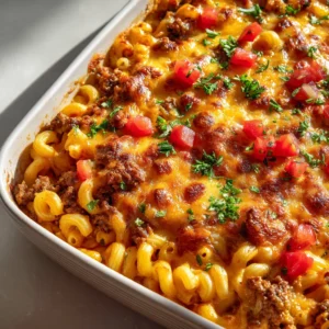 Close-up of curly cavatappi pasta coated in creamy orange-red sauce and melted cheese. (Cheeseburger Pasta Casserole)