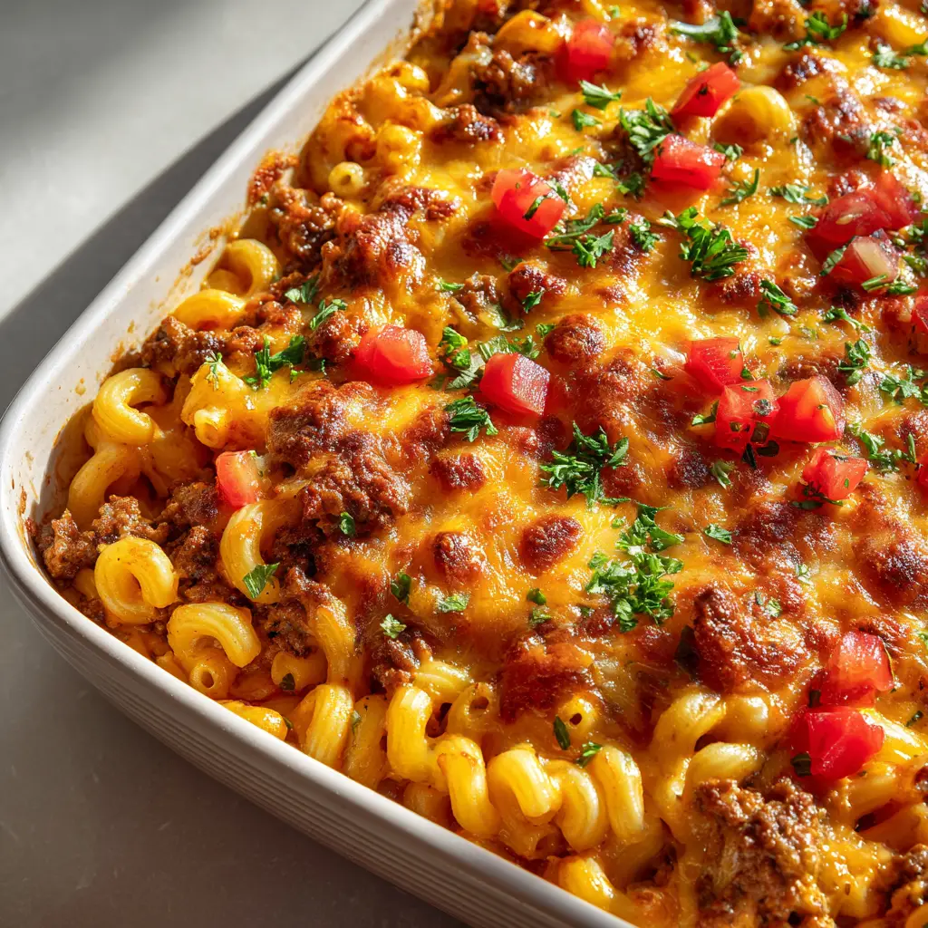Close-up of curly cavatappi pasta coated in creamy orange-red sauce and melted cheese. (Cheeseburger Pasta Casserole)