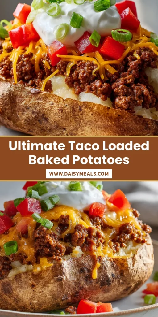 Taco Loaded Baked Potatoes: The Ultimate Hearty Weeknight Dinner 4 A close-up of a Taco Loaded Baked Potato split open, filled with seasoned ground beef, melted orange cheddar, a dollop of sour cream, and diced tomatoes on a white plate.