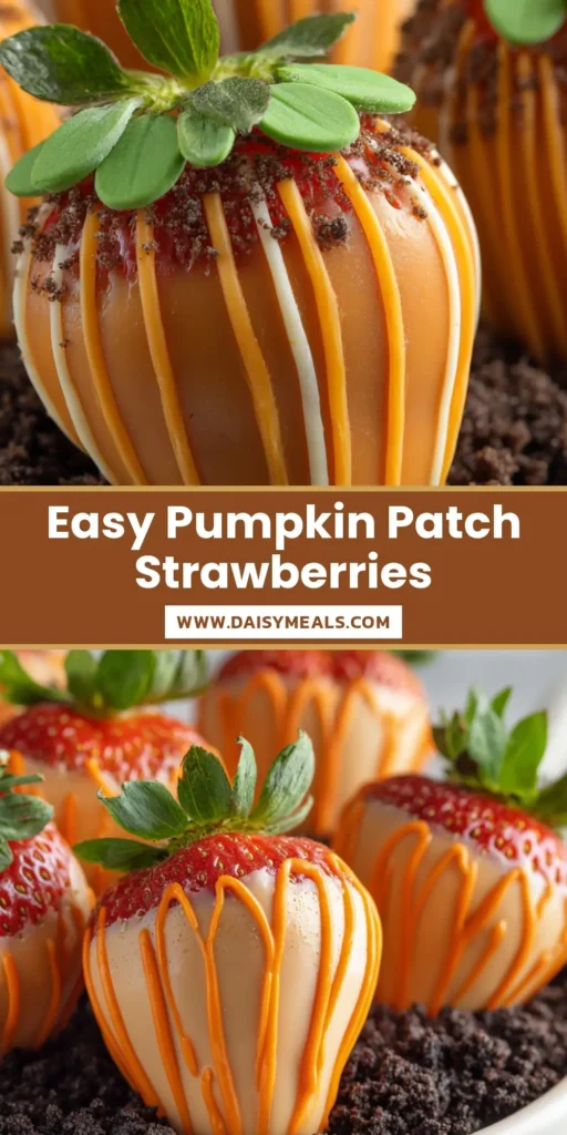 A group of Pumpkin Patch Strawberries with orange ridges and green leaves sitting on chocolate cookie soil. (Pumpkin Patch Strawberries)