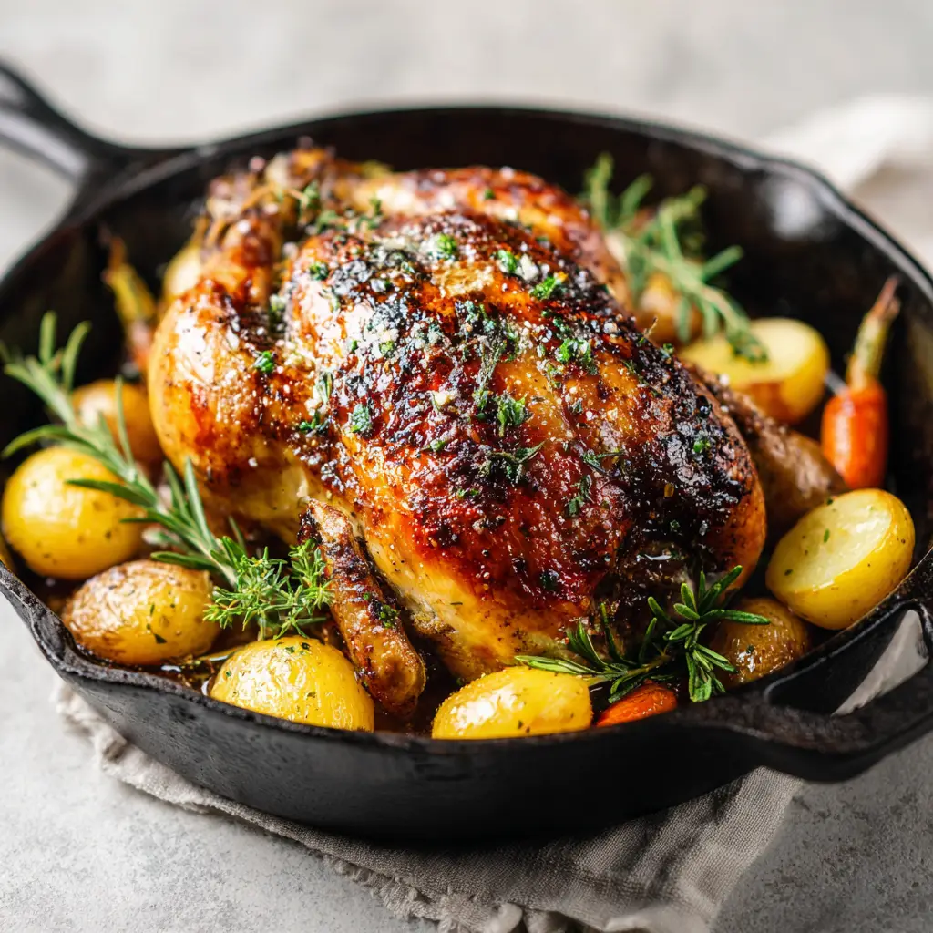 A Roasted Cornish Hen sitting in savory pan juices with roasted garlic and herbs in a rustic pan.