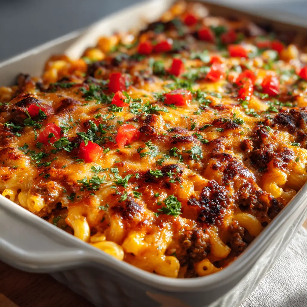 Cheeseburger Pasta Casserole: The Ultimate Cheesy Ground Beef Bake 1 Golden charred cheese spots on top of a beefy pasta bake with fresh green parsley garnish.
