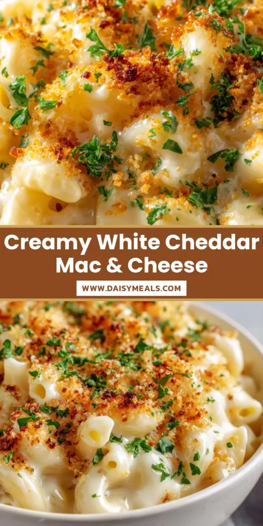 White Cheddar Mac and Cheese with Toasted Golden Panko 4 A close-up vertical shot of White Cheddar Mac and Cheese in a white bowl with a perfectly toasted golden panko crust and fresh parsley.