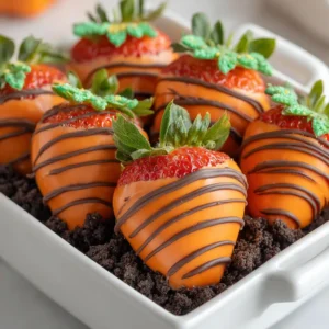 Extreme close-up of a glossy orange chocolate dipped strawberry with vertical ridges and a green frosting leaf. (Pumpkin Patch Strawberries)