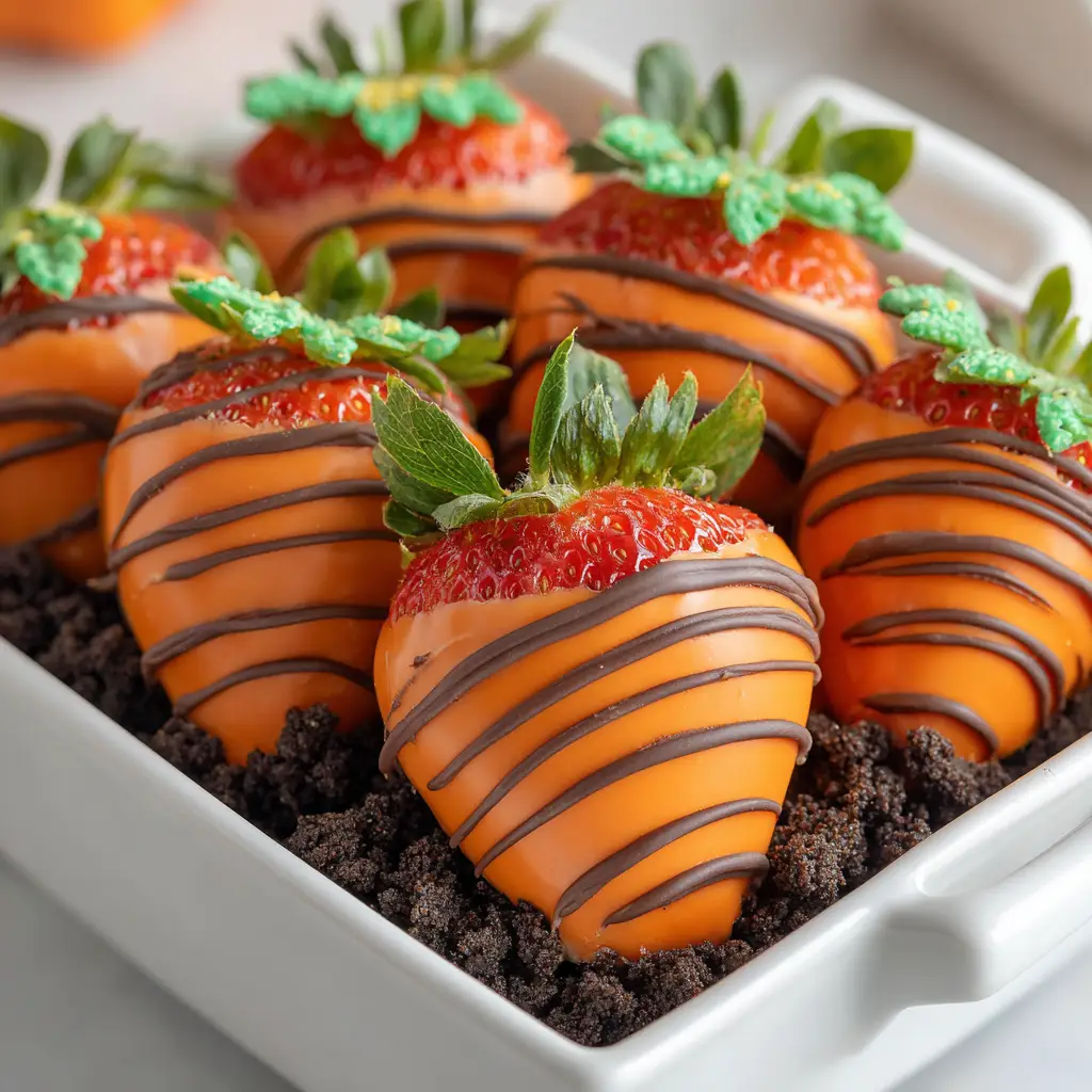 Extreme close-up of a glossy orange chocolate dipped strawberry with vertical ridges and a green frosting leaf. (Pumpkin Patch Strawberries)