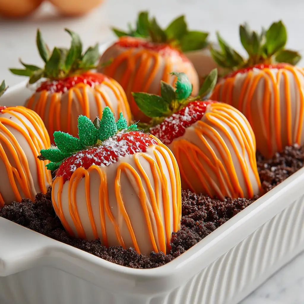 Pumpkin Patch Strawberries arranged on a bed of dark chocolate cookie crumbs in a white ceramic dish.