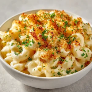 Extreme close up of thick elbow macaroni smothered in a velvety and glossy white cheddar cheese sauce.