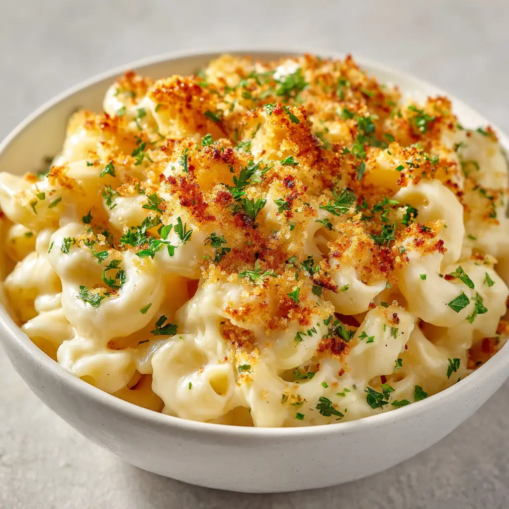 White Cheddar Mac and Cheese with Toasted Golden Panko 2 Extreme close up of thick elbow macaroni smothered in a velvety and glossy white cheddar cheese sauce.