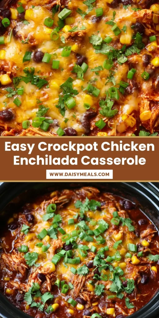 A top-down view of a Crockpot Chicken Enchilada Casserole with bubbly melted cheese, black beans, and fresh cilantro in a slow cooker.