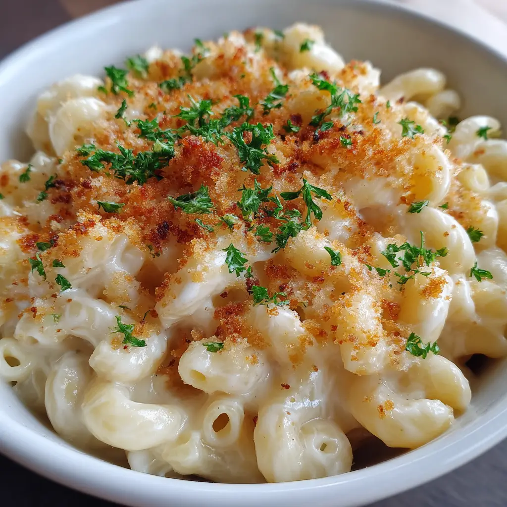 White Cheddar Mac and Cheese with Toasted Golden Panko 1 A handheld smartphone photo of a bowl of White Cheddar Mac and Cheese showing the contrast of golden panko and green parsley.