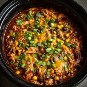 Close-up of shredded chicken in thick red sauce inside a black slow cooker for Crockpot Chicken Enchilada Casserole.