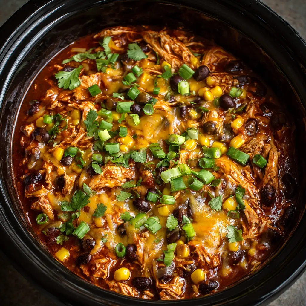 Close-up of shredded chicken in thick red sauce inside a black slow cooker for Crockpot Chicken Enchilada Casserole.
