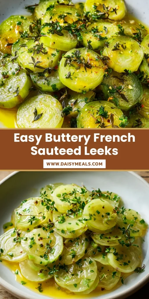 Sauteed Leeks: The Ultimate Guide to Perfectly Caramelized Buttered Leeks 4 A close-up vertical shot of caramelized Sauteed Leeks in a white bowl, glistening with butter and topped with fresh herbs.