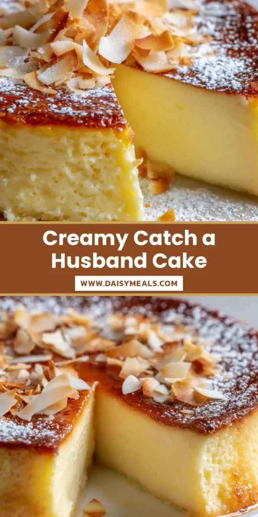 Catch a Husband Cake: The Ultra-Creamy Brazilian Custard Recipe 4 A close up shot of a Catch a Husband Cake with a dense flan-like interior, toasted coconut, and powdered sugar on a white plate.