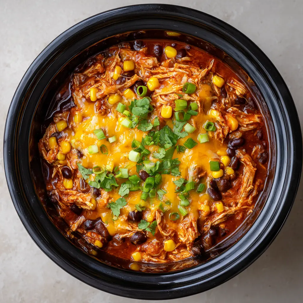 Melted bubbly Monterey Jack and Cheddar cheese topping on Crockpot Chicken Enchilada Casserole.