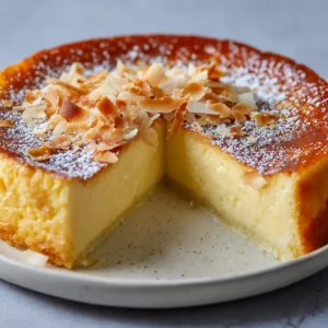 A slice of Catch a Husband Cake pulled away to show the rich, pale yellow pudding-like texture and browned top crust.