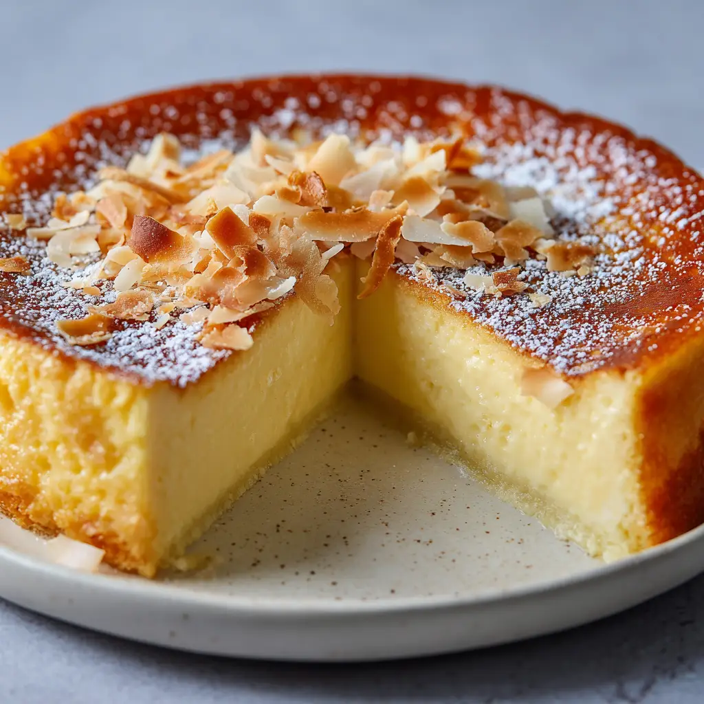 Catch a Husband Cake: The Ultra-Creamy Brazilian Custard Recipe 2 A slice of Catch a Husband Cake pulled away to show the rich, pale yellow pudding-like texture and browned top crust.