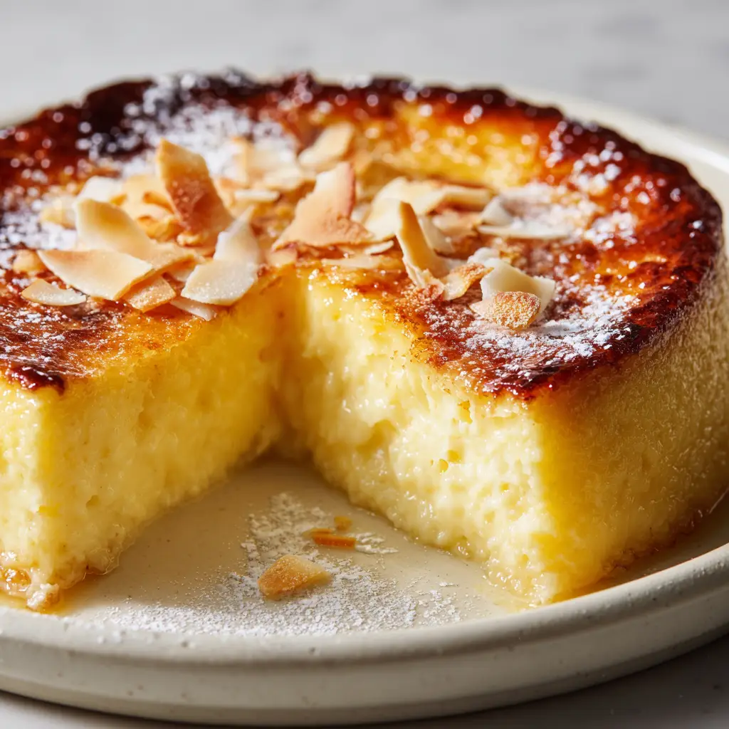 Catch a Husband Cake: The Ultra-Creamy Brazilian Custard Recipe 1 Top view of a Catch a Husband Cake garnished with golden toasted coconut flakes and a light dusting of sugar.