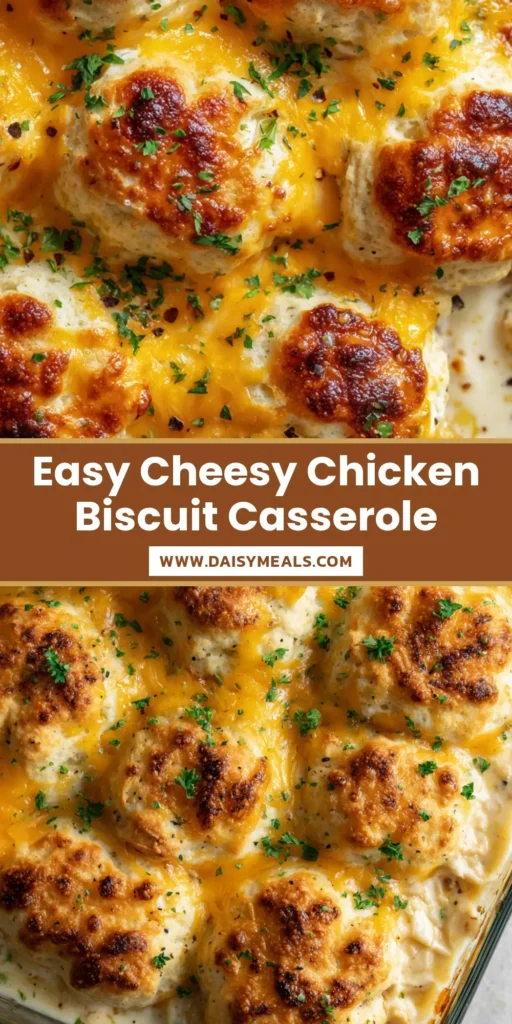 Overhead view of a Chicken Biscuit Casserole in a glass dish with golden-brown biscuits, melted cheddar, and fresh parsley garnish.