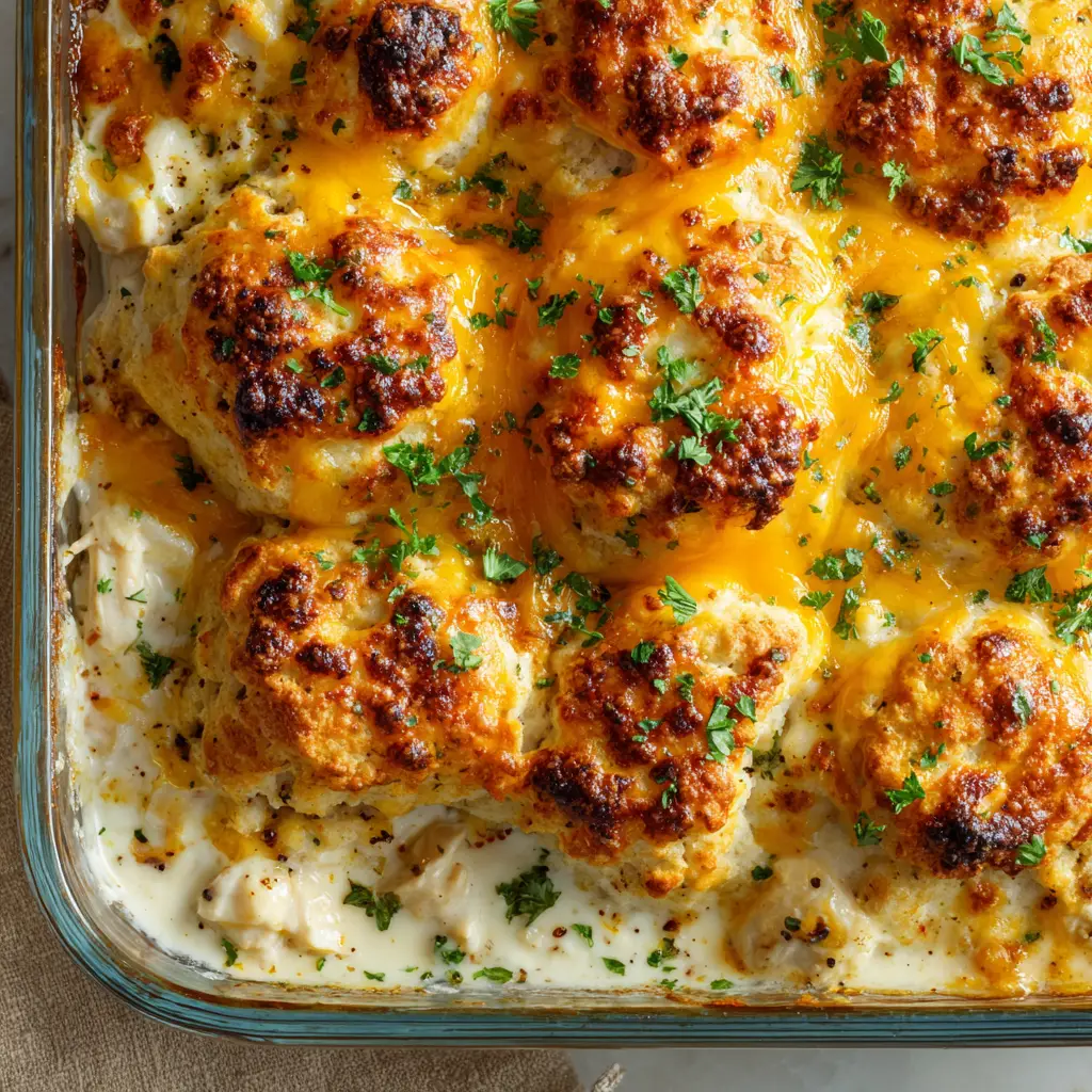 Close-up of golden-brown biscuit quarters and melted yellow cheddar in a chicken biscuit casserole.