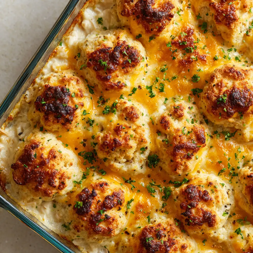 Shredded chicken in thick creamy white sauce topped with bubbling cheese and fresh parsley flakes.