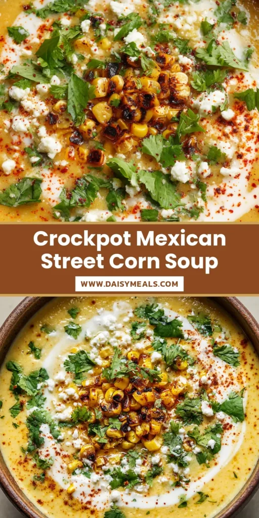 A top-down view of Mexican Street Corn Soup in a rustic bowl with a crema swirl, charred corn, and red chili powder dusting.