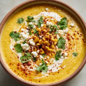 Close-up of thick golden-yellow Mexican Street Corn Soup with cotija cheese and fresh cilantro garnishes.